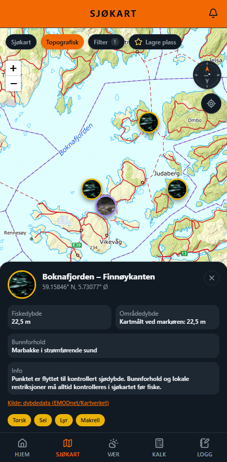SmartBouy-appen: Fiskeplasser